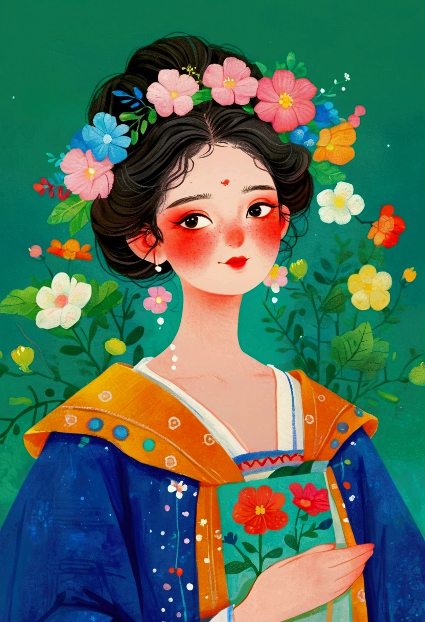 A painting，A woman holding a flower in the painting, Number of segments, Winner of the Behance competition, The art of math, A beautiful artistic illustration, Flower-faced girl, Girl with a wreath, Lovely art style, Beautiful digital illustrations, palace ， Girl wearing Hanfu, cute detailed The art of math, Color illustrations