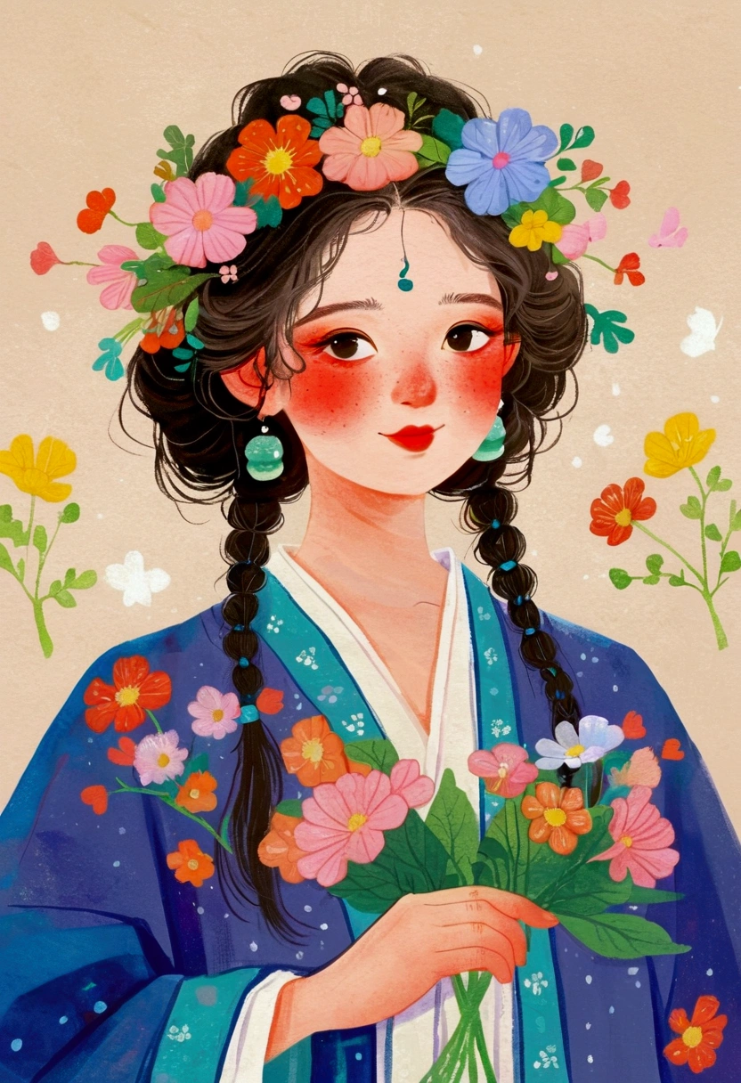 A painting，A woman holding a flower in the painting, Number of segments, Winner of the Behance competition, The art of math, A beautiful artistic illustration, Flower-faced girl, Girl with a wreath, Lovely art style, Beautiful digital illustrations, palace ， Girl wearing Hanfu, cute detailed The art of math, Color illustrations
