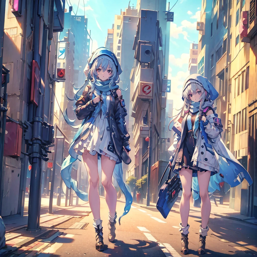 (masterpiece, Highest quality), (Detailed Hair), Very detailed, Anime Style, whole body, alone, Cyberpunk psychic girl, Big cute head scarf, whole body covered in rags, Wanderer's Outfit, Gray Hair、Red eyes, Floating in the air, Small stature, Supernatural Aura, Prism Hypnosis Aura. Beautiful and terrifying, Digital Painting, 8K high resolution, Trend Art Station, White Background, whole body, ((Psychic energy ball in hand)),