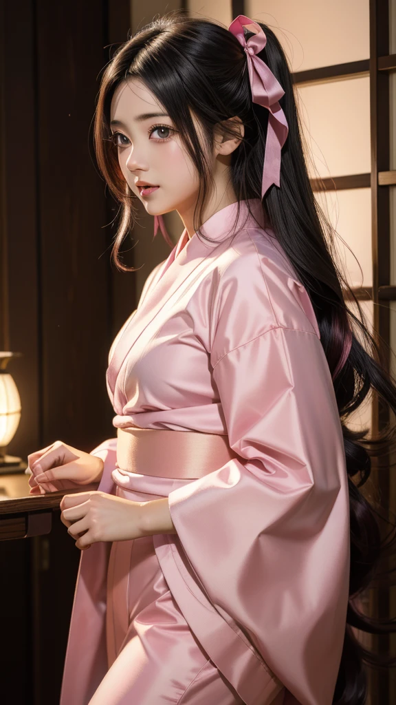 anime, High resolution, Soft Light, ((Highest quality)), ((masterpiece)), (detailed),  kamado nezuko, cute, (Little:0.7), Black Hair, amount, Bit Gag, Gagged, pink eyes, Very long hair, Hair Ribbon, kimono, pink kimono, Multicolored Hair, pink ribbon, in_box, From the side, (sleeve_past_wrist:1.1), looking at viewer, Kimetsu no Yaiba style, 