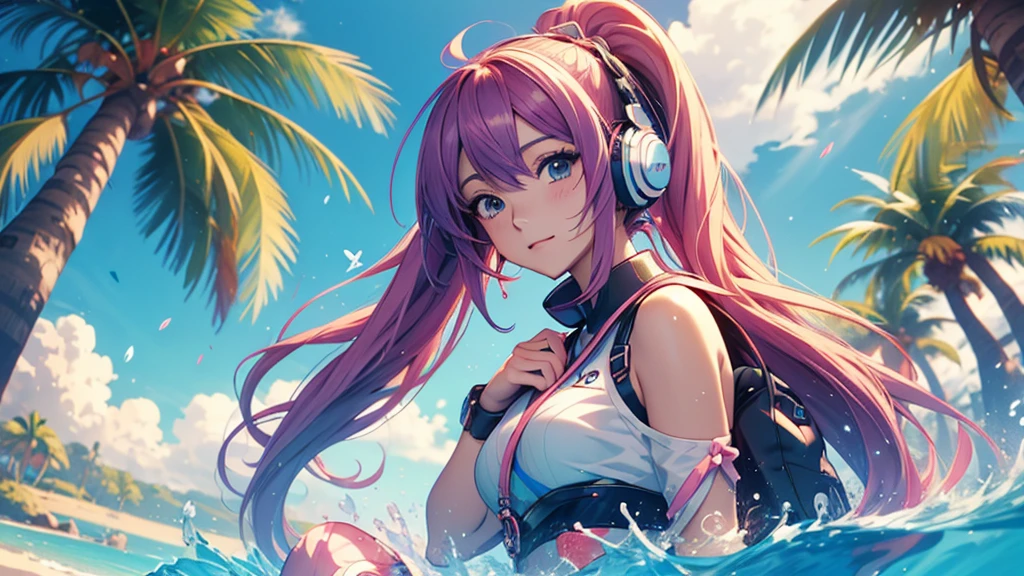 Woman wearing headphones, Anime Style 4 k, anime wallpaper 4k, anime wallpaper 4k, 4k anime wallpaper, anime art wallpaper 4k, anime art wallpaper 4k, Anime Style. 8k, Anime atmosphere, , Ultra HD Anime Wallpaper, Anime Art Wallpaper 8K, Anime Background,landscape、summer、island、Palm tree、Hawaii