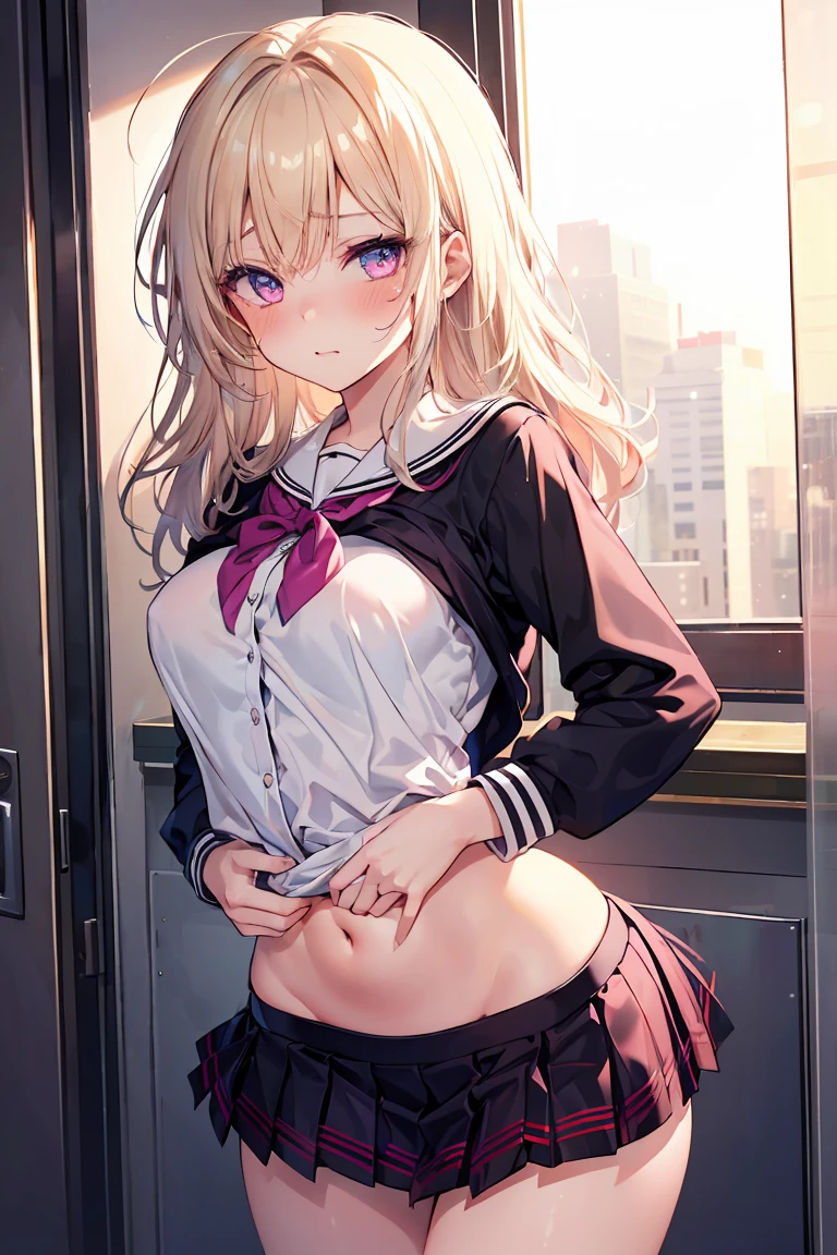 (masterpiece, best quality), beautiful girl, uniform skirt (detailed beautiful eyes) underwear, black pantyhose, full body shot, visible bellybutton, blonde hair, pink