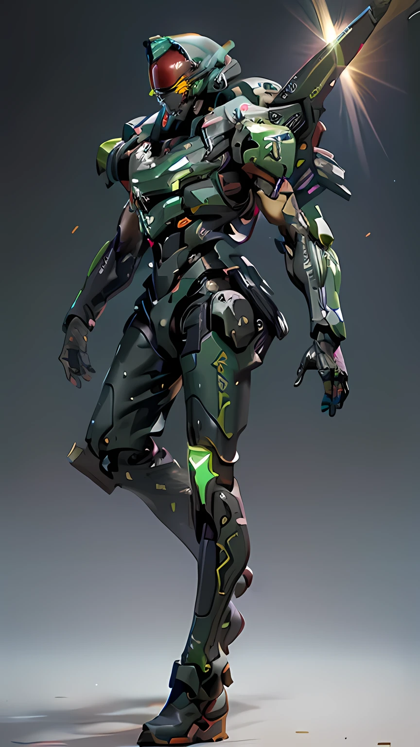((8k, Highest Quality, Masterpiece: 1.3)), Eva Unit-06, Pitch black darkness, Staring into the camera, Full body view facing forward, Holding a glowing futuristic blade, ((Shiny Body)), Unit's main color is fluorescent green, secondary color is fluorescent red, Rainbow light emanates from its back, Android, Stunning scene with dazzling glow from its joints and vibrant rainbow lens flare effects. The light source is placed behind the main subject, creating a spectrum of colors that spreads across the image. The light reflects off various surfaces, adding a magical, dreamy quality to the scene. The background is slightly blurred to accentuate the glow and shimmer effect of the lens flare.