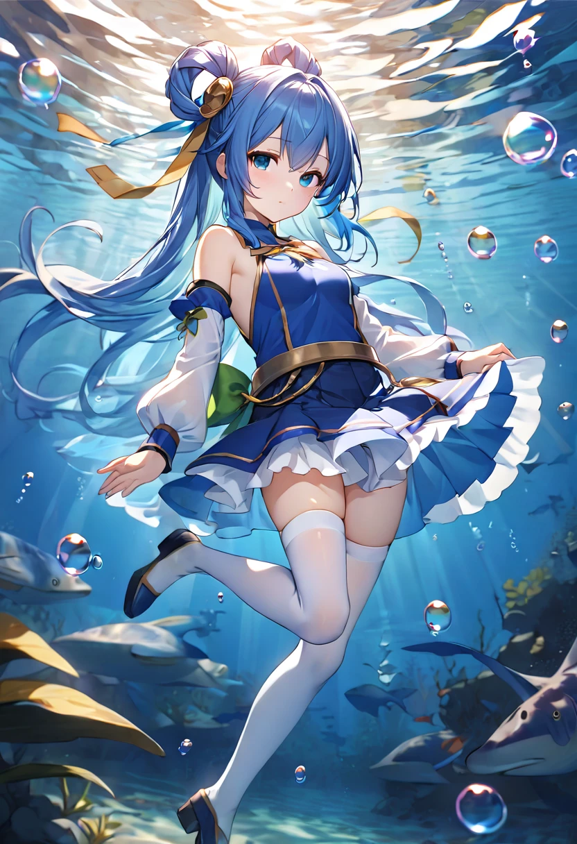 best quality, masterpiece, under water, floating, sunlight, bubbles, full body, 1girl, solo, (petite:1.2), aqua /(konosuba/), long hair, blue eyes, hair ornament, very long hair, blue hair, hair rings, single hair ring,
blue skirt, blue shirt, thighhighs, bare shoulders, detached sleeves, white thighhighs, green bow,blue boots