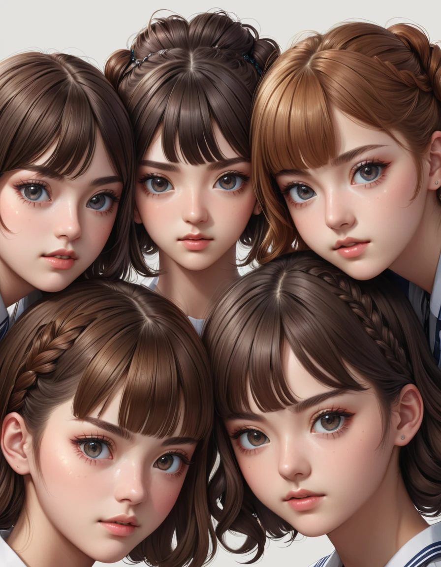 group picture, multiple girls, ((3girls)), beautiful detailed face, looking at viewer, various hairstyles, detailed hair, detailed eyes, (serafuku:1.1), portrait, (masterpiece:1.2), best quality, high quality, (hyper detailed), 4K, high resolution, photorealistic, (illustration:0.7), extremely fine, simple background,