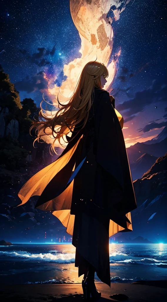 1people々々,Blonde long-haired woman,Long coat, Dress Silhouette, Rear View,Raise your hand to grab something,Space Sky, The boundary between sea and space,