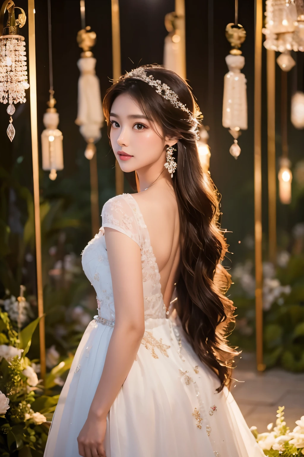 Creates an image of a very beautiful 20 year old Asian woman standing alone., His beauty rivals that of the fire goddess.. she has big brown eyes, dark brown hair, glowing skin, And attractive appearance. She emphasized elegance in an elegant white wedding dress... Woman stands alone attractively, Her beauty seems to have been blessed by nature, In a very romantic and lovely passageway decorated with flowers and soft lighting., It gives off a dreamy and tranquil atmosphere..