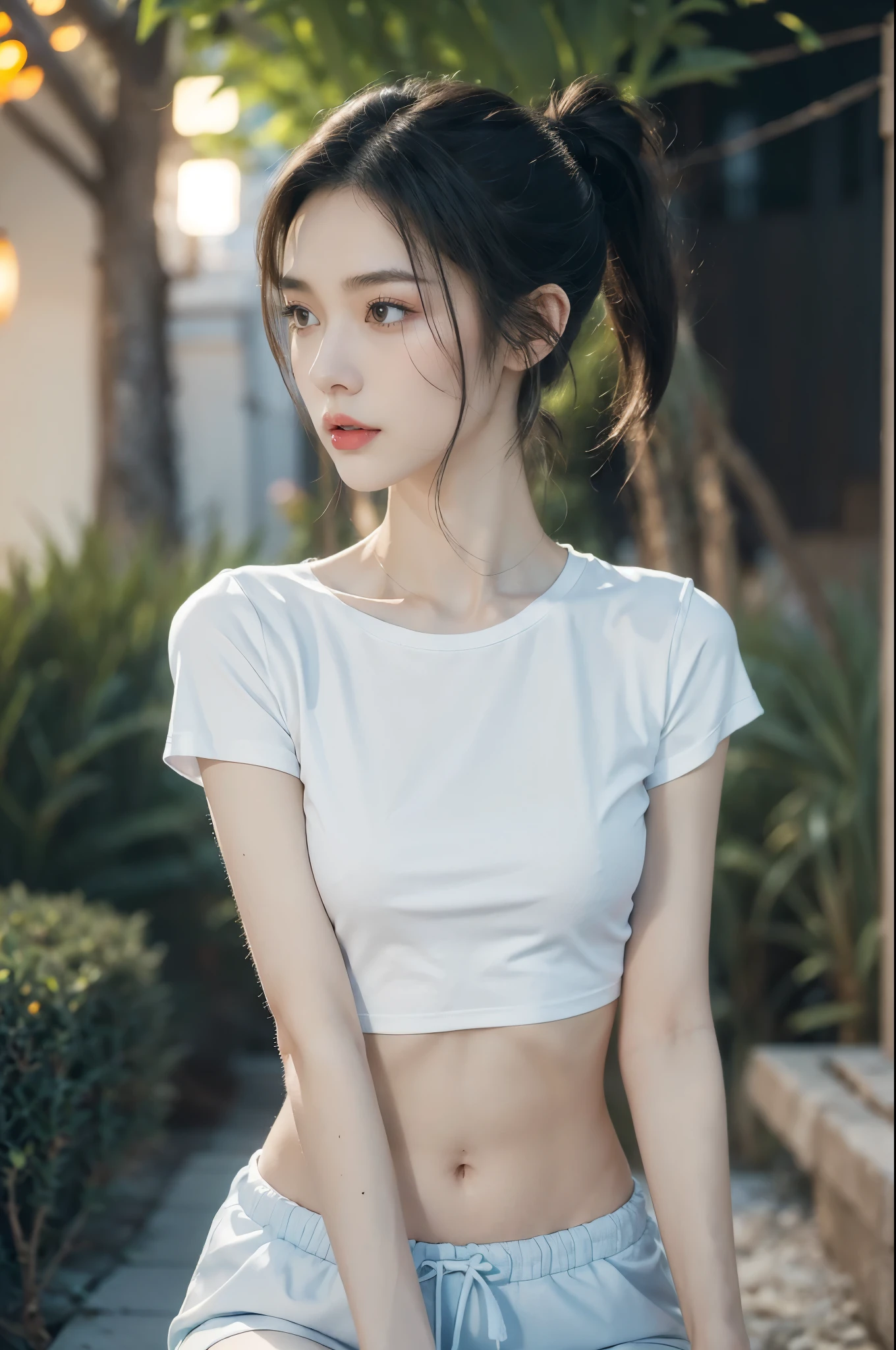 (((best quality))),(((ultra detailed))),(((masterpiece))),illustration,((1 beautiful girl,solo)),(short ponytail:1.2),((slim,thin)),((small breasts,flat chest)),(summer night:1.3),((dimly lit garden courtyard, high-rise residential community)),(white short-sleeved T-shirt:1.3),(light blue sports shorts:1.3),(navel:1.2),(slender legs:1.2), youthful charm, vibrant energy, sleek hair, bright eyes, smooth skin, fair complexion, curiosity, adventure, graceful collarbones,concrete ground, streetlights, yellowish glow, tall buildings, shadows, eerie atmosphere, confident demeanor, ease, solitude, beauty, life, warm presence,((from front,upper body))