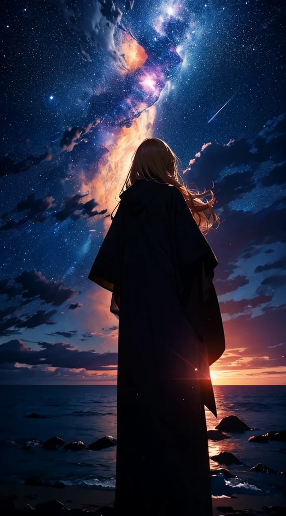 １people々々,Blonde long-haired woman，Long coat， Dress Silhouette， Rear View，Raise your hand to grab something，Space Sky, The boundary between sea and space，