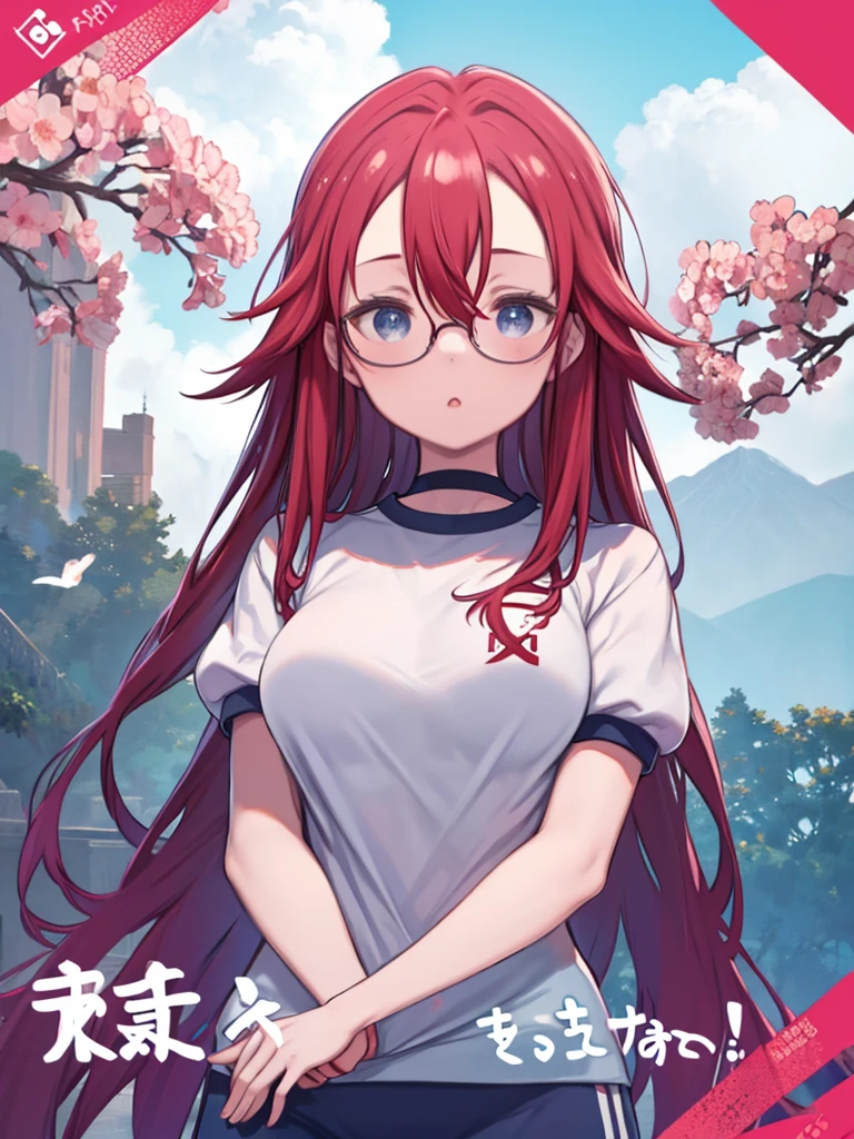 One Woman、Red Hair、long hair、Hair between the eyes、Blue Eyes、Big Breasts、Glasses、((Gym clothes with short sleeves、Navy blue bloomers))、△ Mouth、Watching the audience、Upper Body、blue sky、Angle from below、