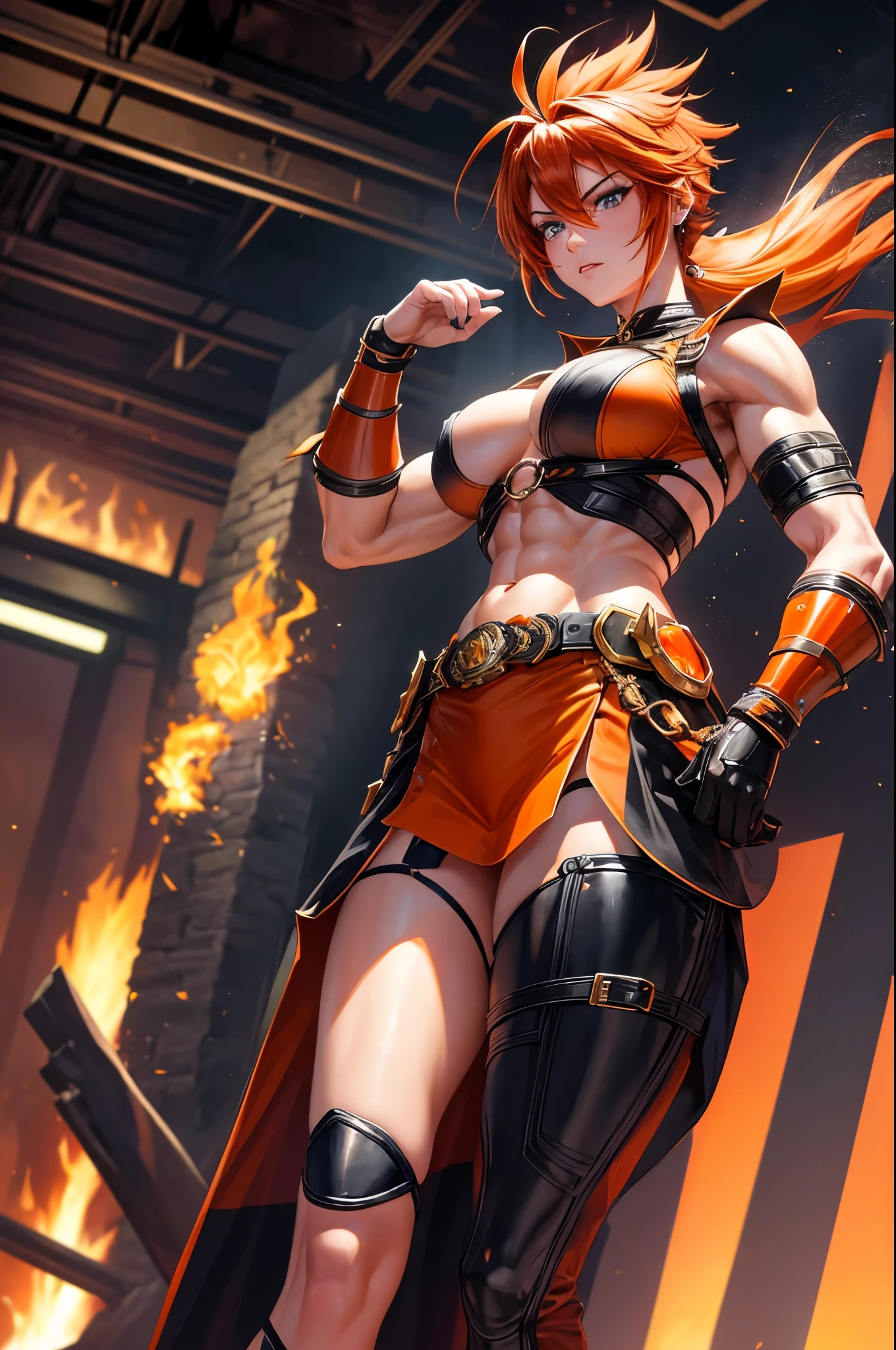 8k,A super muscular American female fire goddess, With the energy of a 20-year-old.,Super Beauty(Like the real thing),Staring angrily at the audience.,Orange Mohawk Hair,Sexy orange and black large chest armor(Fire God&#39;s Emblem),Orange Flame Gauntlets(Fire God&#39;s Emblem),Orange Flame Leg Guards(Fire God&#39;s Emblem),Orange and black shorts(Fire God&#39;s Emblem),Slender and muscular lower body,A dark and desolate land,Photorealistic RAW photos of the highest quality。Bright colors,Rich colors, Backlight, Cinema Lighting, Film Grain, 50mm lens, Nikon D850,Realistic Skin,Fantasy art,Character Art,Ultra-high resolution,Realistic Skin,Raised muscles,A 20-year-old beauty who is the goddess of fire,Black Flame God Costume(Orange flame emblem filigree),Energy Man,Showing off very intense and strong abs,Top-down view,Dynamic fighting pose,Uplifting,Bright Red Eyes,American Woman,Bodybuilding,Fighting style,Martial Arts Posture,Super muscle beauty,