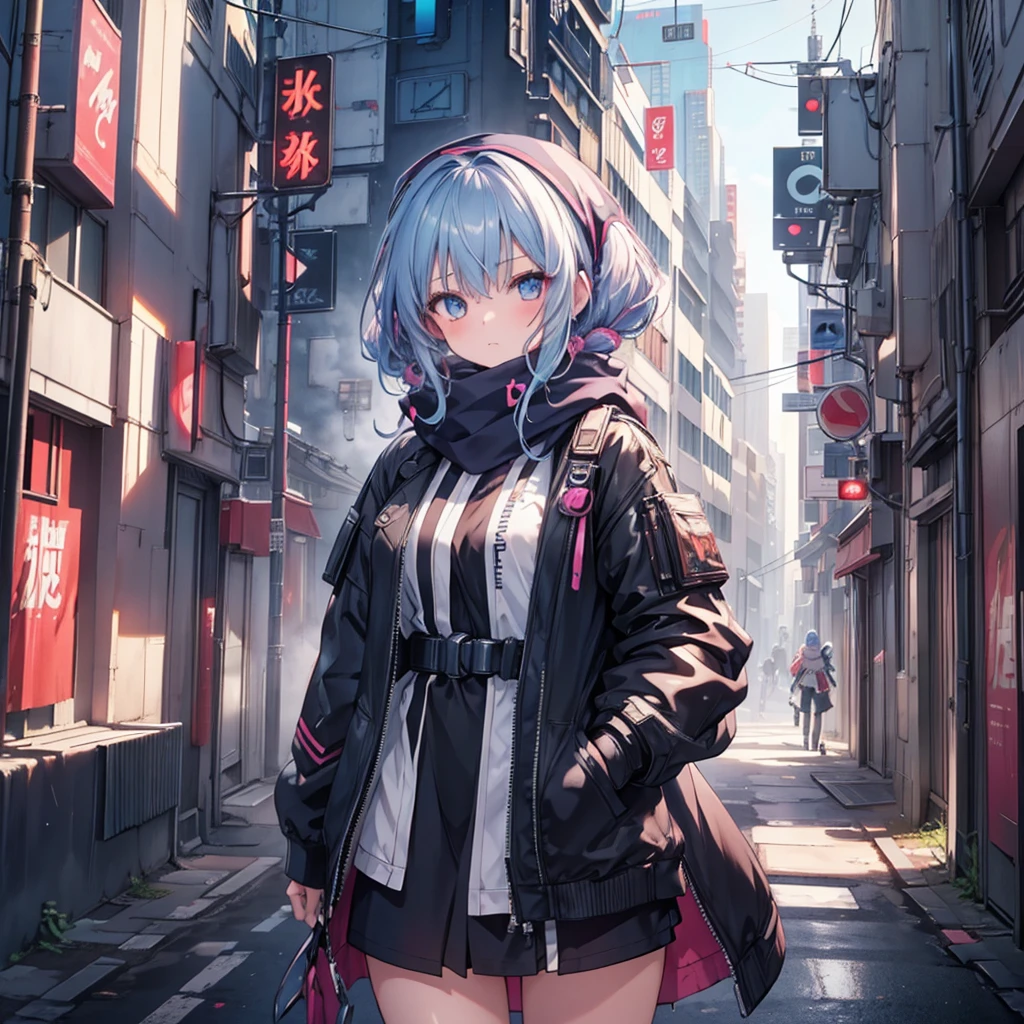 masterpiece, anime girl, short blue hair, light blue eyes, city at night, light rain, shelter, hands in pockets