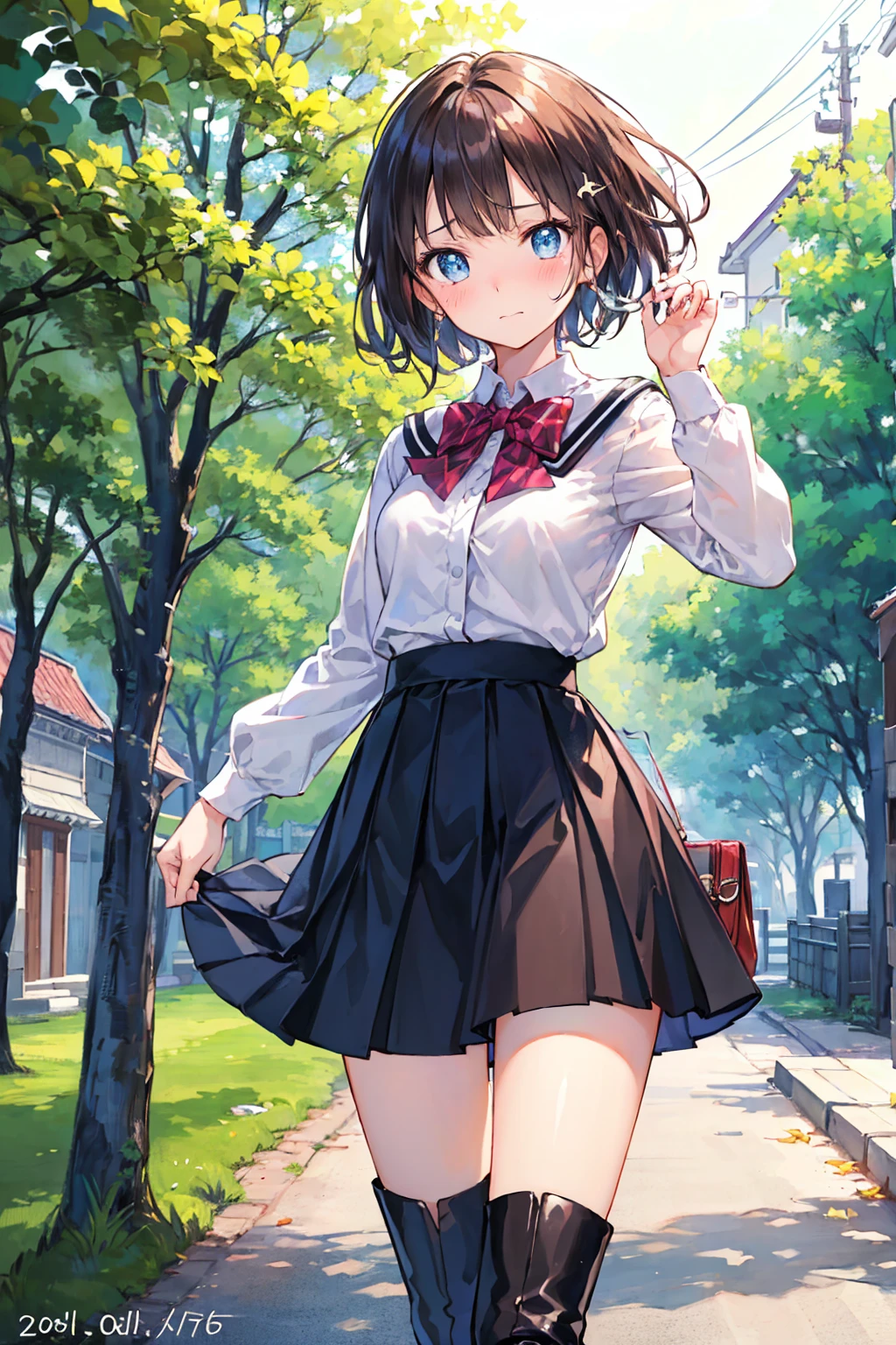 ((Masterpiece,Best Quality)), Japanese style, Japanese anime style, realistic expression, (Solo), One woman, full body figure, slender build, cute, age girl, small breasts, (High Resolution), (Extreme Detail), (highly detailed face), soft looking skin, finely drawn face, clean (highly detailed eyes), soft skin, finely drawn face, beautiful deep brown eyes (highly detailed eyes), slender thighs, blush, shoulder length silky short bob, right side hair in braid, black hair (colorful hair: 1.2), uniform, (sparkles: 1.2), long white shirt, colorful red tie, navy blazer, beautiful knee length gray checks that flutter in the wind. Gray plaid skirt, shiny black tights, loafer shoes, holding a smartphone in one hand and raising it, rushing to the front of the screen, smiling with a shy expression, city park sidewalk in the background, water reflection, rain, floating water drops, lots of flower beds,,(blue sky),lens flare,(blue sky),(blue sky),(blue sky),lens flare,(blue sky),lens flare,(blue sky),lens flare,(blue sky),lens flare,(blue sky),lens flare,(blue sky),lens flarefine features, masterpiece, top quality perfect anatomy, centered, perfect distance, beautiful, highly detailed, smooth, illustration, masterpiece, intricate, accurate, wonderful, amazing, super, exquisite, rich colors, intricate details, golden ratio illustration