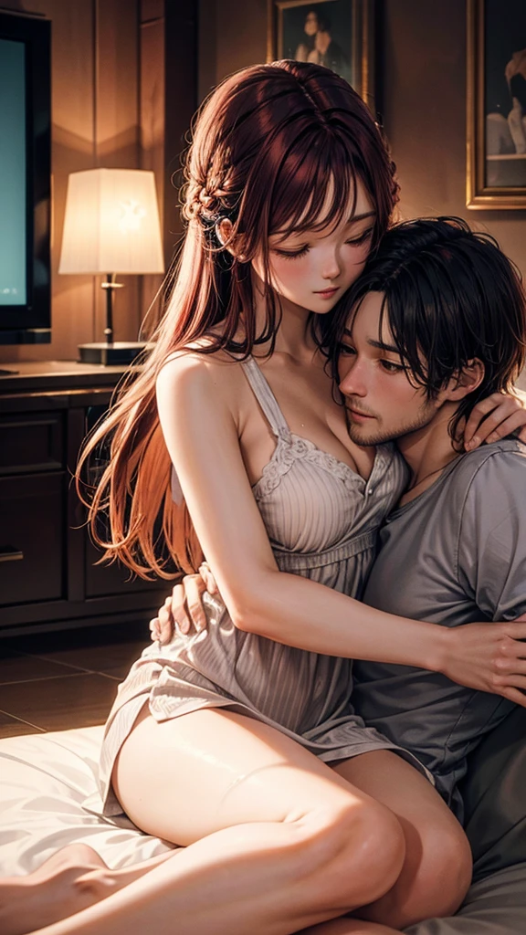 8K quality、High resolution、Realistic skin texture、High resolutionの瞳、Man sleeping in bed、Woman straddling a man、A female cafe owner seduces a male customer、Neat party dress、thin、Model Body Type、Ripe body、Off the shoulder、Realistic female genitalia