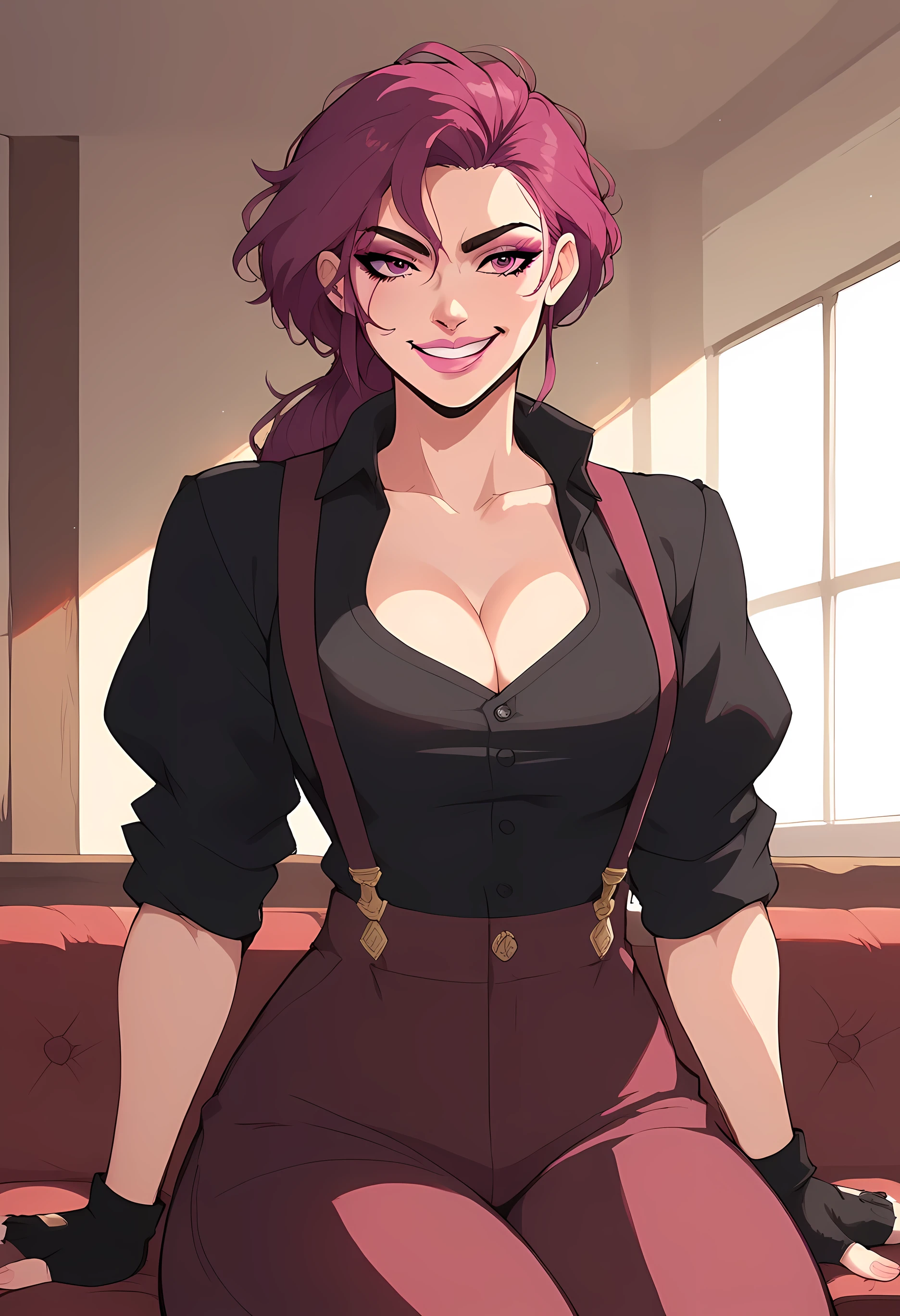 (score_9, score_8_up, score_7_up), (adult), close up, sitting, grin, wide hips, muscular, black collared shirt, cleavage, rolled sleeves, suspenders, fingerless gloves, single-legged pants, pink lipstick, magenta eyes, magenta long ponytail, eyeshadow, bangs, indoors, lounge, indoors, medieval interior, shadow, soft lighting, source_anime, rating_explicit,