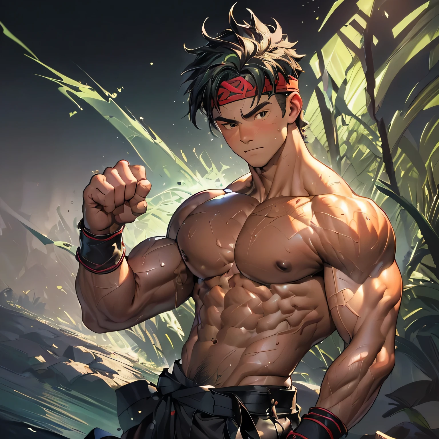 ((masterpiece, best quality, ultra-detailed)), (((((black background, deep night, bust shot))))), (19 year old boy, worm eyes), Young boy, muscler, Shirtless, topless, ((((1boy, flesh, tough, reliable, developed body, blue and green aura effect, water particles, wind particles, holding blue and green aura ball)))), (Dark Short straight hair, ((almost completely shaved hair)), under cut, brown eyes), (red headband, ((black wristband)), leather belt), Vivid colors, ((hot Abs, abs!, big abs, big breast, chest!, muscler upper arms, toned body)), muscler!, muscler body, detailed face, detailed muscle, (((rippling muscles, fighting pose, kung fu fighter, action)))