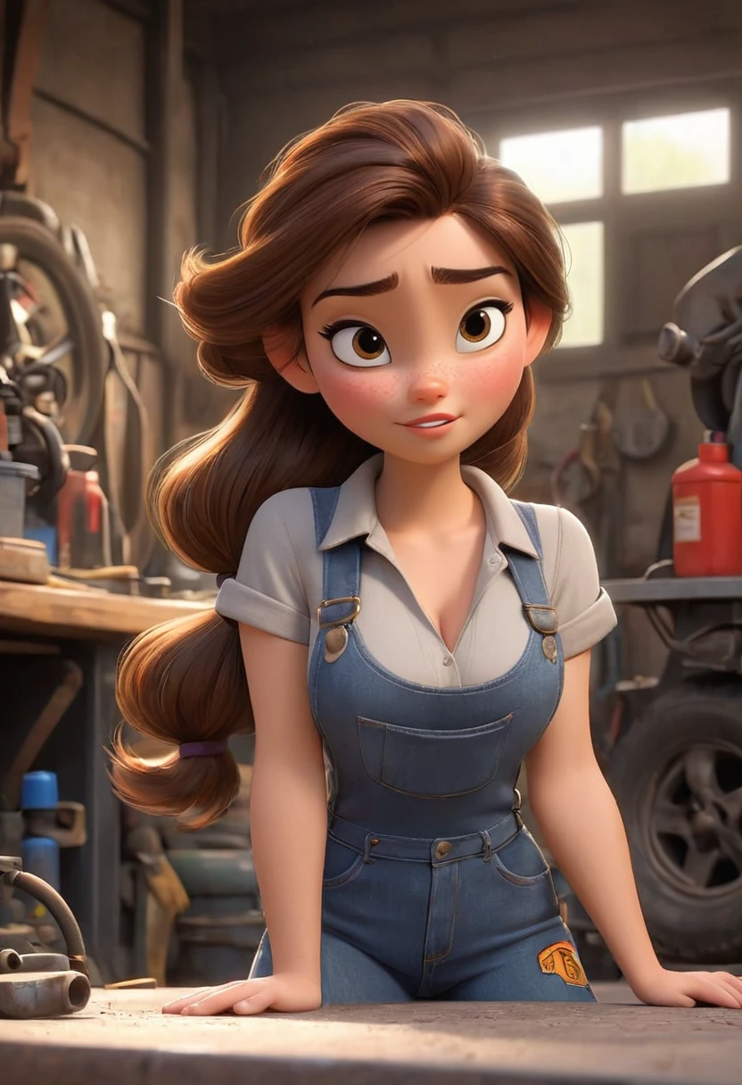 full body shot, (disney pixar style:1.2) (cute adorable girl:1.15) (adult age 20:1.15)  brown hair, ponytail, cleavage, sexy mechanic, in a garage, (perfect hands:1.1)  (extreme far shot, full body, zoomed out:1.1), detailed mechanic garage, she is looking sexy with some oil stain on her clothes