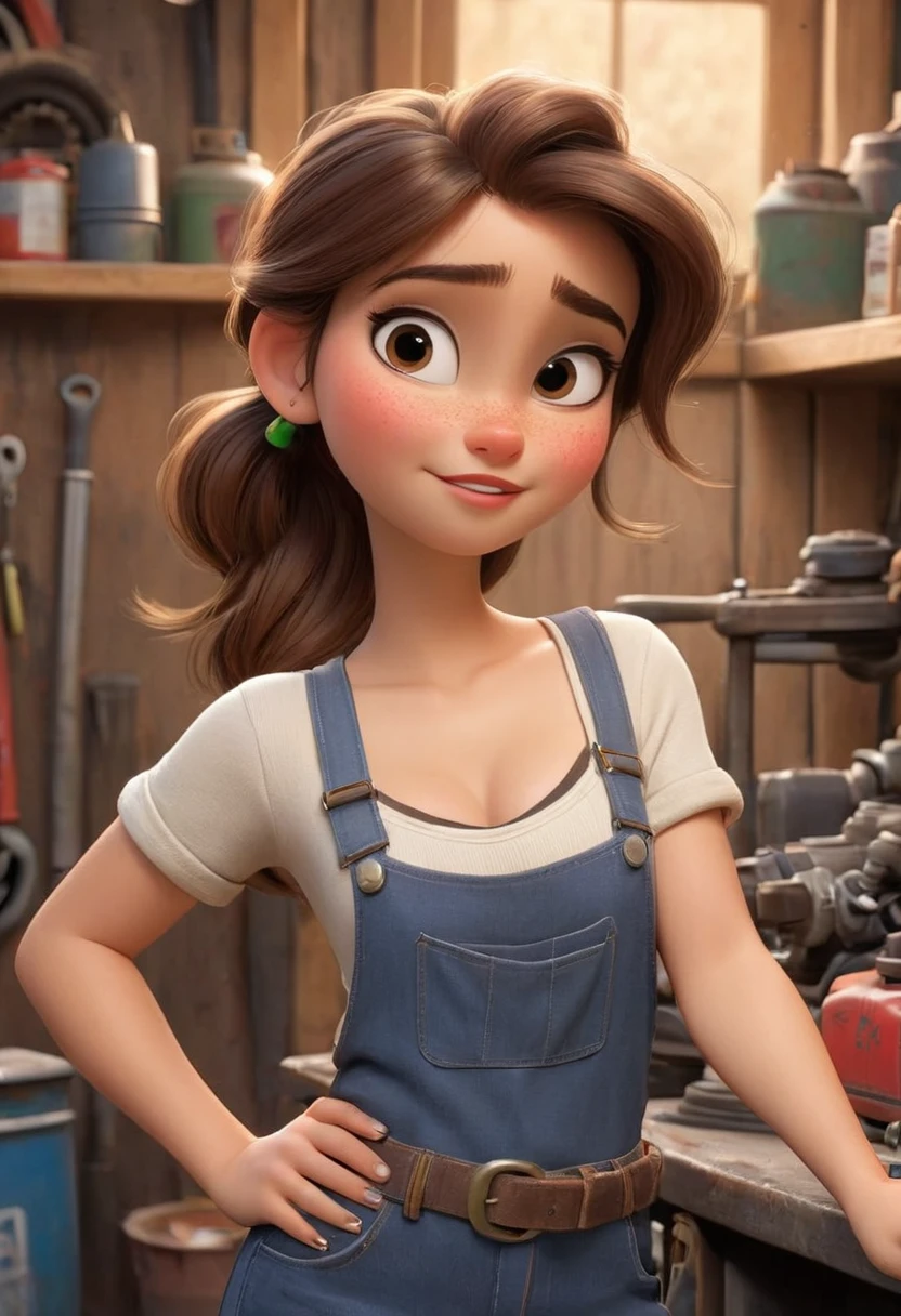 full body shot, (disney pixar style:1.2) (cute adorable girl:1.15) (adult age 20:1.15)  brown hair, ponytail, cleavage, sexy mechanic, in a garage, (perfect hands:1.1)  (extreme far shot, full body, zoomed out:1.1), detailed mechanic garage, she is looking sexy with some oil stain on her clothes