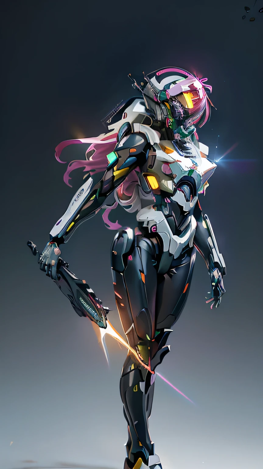 ((8k, Highest Quality, Masterpiece: 1.3)), Eva Unit-05, Pitch black darkness, Staring into camera, facing forward, Full body view, Holding a glowing futuristic blade, ((Shiny Body)), Unit's main color is pastel pink, secondary color is fluorescent yellow, Rainbow light emanates from its back, Android, Stunning scene with dazzling glow from its joints and vibrant rainbow lens flare effects. The light source is placed behind the main subject, creating a spectrum of colors that spreads across the image. The light reflects off various surfaces, adding a magical, dreamy quality to the scene. The background is slightly blurred to accentuate the glow and shimmer effect of the lens flare.