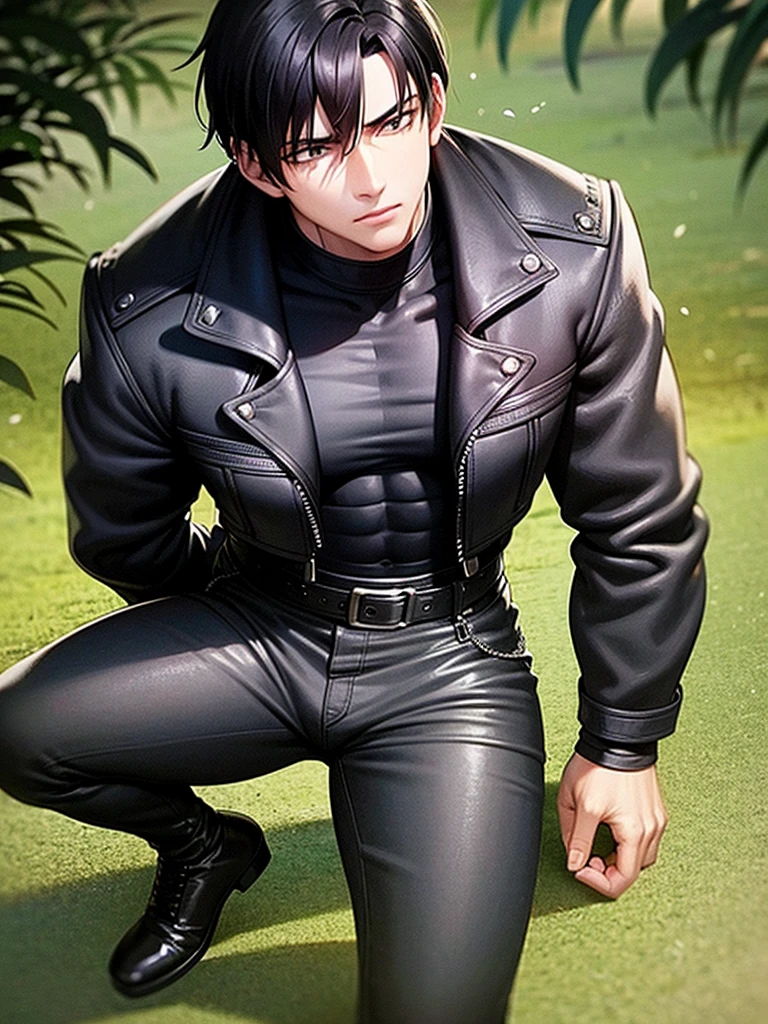 A muscular young man with black hair, wearing a black leather jacket, blue jeans, black gloves, a black belt, and black combat boots, sleeping in a forest, anime.
