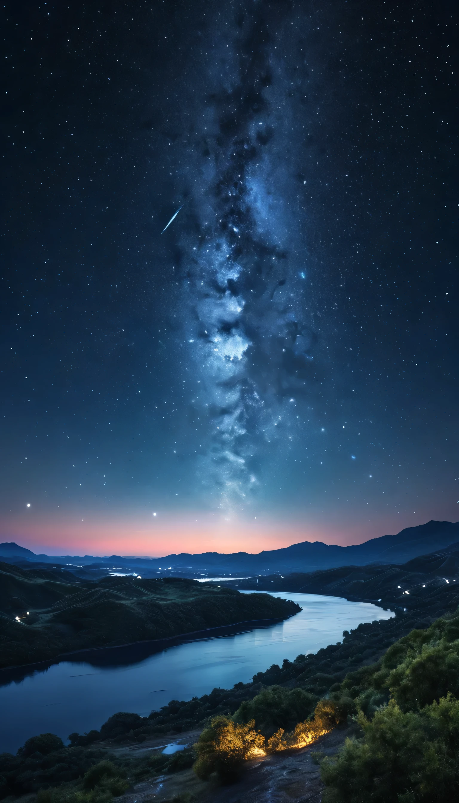 best quality,4k,8k,highres,masterpiece:1.2),ultra-detailed,(realistic,photorealistic,photo-realistic:1.37),star-filled night sky,moonlit landscape,shimmering stars,tranquil atmosphere,dense clusters of stars,nighttime serenity,dreamlike surroundings,majestic celestial display,ethereal moonlight,serene and peaceful scene,enchanting nightscape,dark mysterious colors,soft moonlight casting gentle shadows,sparkling constellations,vivid colors reflecting off the sky,mesmerizing beauty of the night sky,luminous celestial bodies,pure fascination with the universe,awe-inspiring night-time vista,calm and serene night,glowing moonlight adding a touch of magic hyper datailed