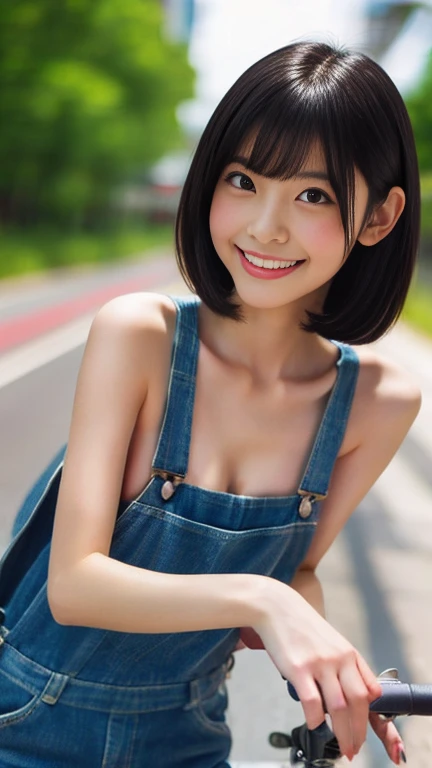 perfect Ratio Face, Balanced eyes, double eyelid,japanese girl,looking at back,yr,round face, Beautiful nasal muscles lipgloss,Balanced style,shorthair with bangs,smile,((overalls over topless)),ride on bike on country road