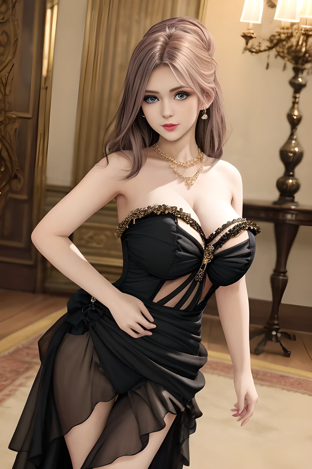 1girl is wearing an elegant black strapless dress. The dress is beautifully designed with ruching on the bodice and a cascading ruffled asymmetrical hem, adding a playful and chic touch to the outfit. The person is standing upright, with one hand gently touching their leg and the other hand relaxed by their side. The background is plain and neutral, drawing attention to the dress itself. The lighting is soft, highlighting the details of the dress and creating a fashionable and stylish atmosphere,, huge breasts, elise
