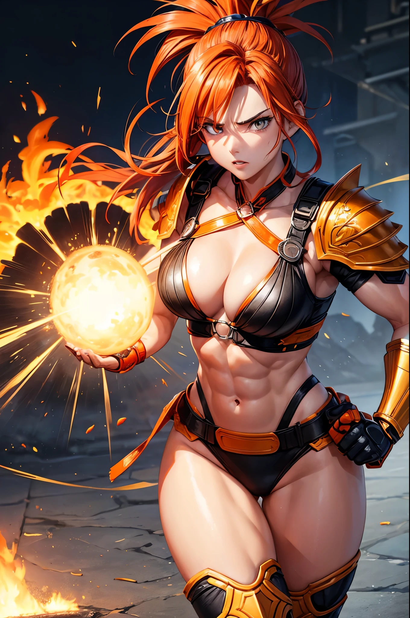 8k,A super muscular American female fire goddess, With the energy of a 20-year-old.,Super Beauty(Like the real thing),Staring angrily at the audience.,Orange Mohawk Hair,Sexy orange and black large chest armor(Fire God's Emblem),Orange Flame Gauntlets(Fire God's Emblem),Orange Flame Leg Guards(Fire God's Emblem),Orange and black shorts(Fire God's Emblem),Slender and muscular lower body,A dark and desolate land,Photorealistic RAW photos of the highest quality。Bright colors,Rich colors, Backlight, Cinema Lighting, Film Grain, 50mm lens, Nikon D850,Realistic Skin,Fantasy art,Character Art,Ultra-high resolution,Realistic Skin,Raised muscles,A 20-year-old beauty who is the goddess of fire,Black Flame God Costume(Orange flame emblem filigree),Energy Man,Showing off very intense and strong abs,Top-down view,Dynamic fighting pose,Uplifting,Bright Red Eyes,American Woman,Bodybuilding,Fighting style,Martial Arts Posture,Super muscle beauty,