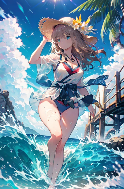 8k,Highest quality,masterpiece,１女の子 The seeds of a southern dream,The seeds of a southern dream　sss Dynazenon ,Long Hair,Green ruby eyes,Big straw hat,Blue Bikini Swimsuit,A thin floral patterned cloth is wrapped around the waist like a skirt,barefoot,barefoot,ビーチのSandy Beachを散歩しながら,With eyes that reflect the shadow of the setting sun、Brown hair fluttering in the breeze,Sandy Beach,Seaside,Light of the sun,Palm tree　　　　　　　　　　　　　　　(masterpiece:1.2), Highest quality, High resolution, unity 8k wallpaper, (shape:0.8), (Beautiful and detailed:1.6), Highly detailed face, Perfect lighting, Highly detailed CG, (Perfect hands, Perfect Anatomy), Ultra Dynamic Angle、Backlight,Shiny Hair,Glamorous Body,Realistic Flesh,Plump thighs、Stylish hairstyle,Curly hair,Stylish accessories,Very stylish swimsuit,See-through,