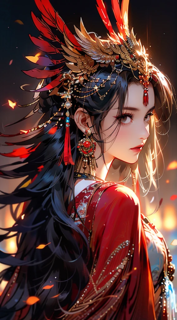 1 Girl,Jewelry,earrings,Solitary,Long hair,Hair accessories,look back,Looking at the audience,red skirt,Black Hair,Upper Body,Shut up,Vague,skirt,tassel,Brown hair,feather,From the back,Chinese clothes,tassel earrings,disgust,