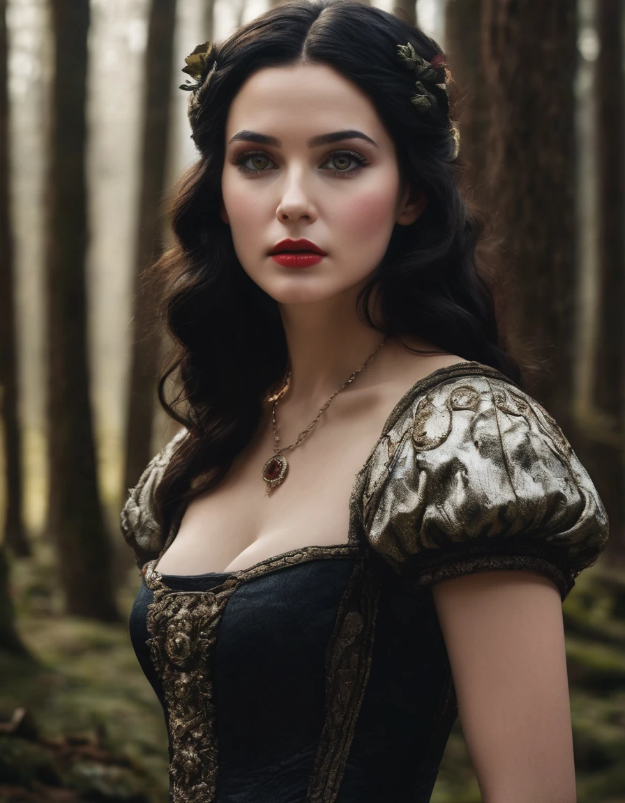 Create a photorealistic masterpiece of Snow White in a Dark Fantasy style. Snow White is depicted as a fashionable, model-looking character with glowing eyes and a futuristic design. The image should be hyper-detailed and surreal, with intricate details and highly detailed skin texture. Snow White has a slight smile and is posed in a dynamic model pose. The scene is cinematic and professionally shot in 4K resolution, with a 200mm lens at f/2.0, creating a beautiful bokeh and stunning light and shadow play. The background features a sinister forest with dark, twisted trees and lurking shadows. The overall image is hypnotic, dramatic, and captivating, with subcutaneous veins and highly detailed skin and hair texture, shot in 24mm photography.