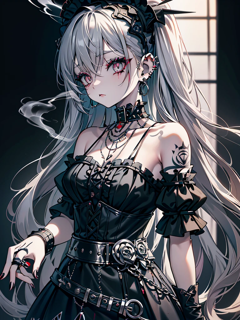 Gothic Lolita, cigarettes, smoke, tattoos on upper arms, ear piercings, makeup, mental health issues, bare shoulders, shaved hair