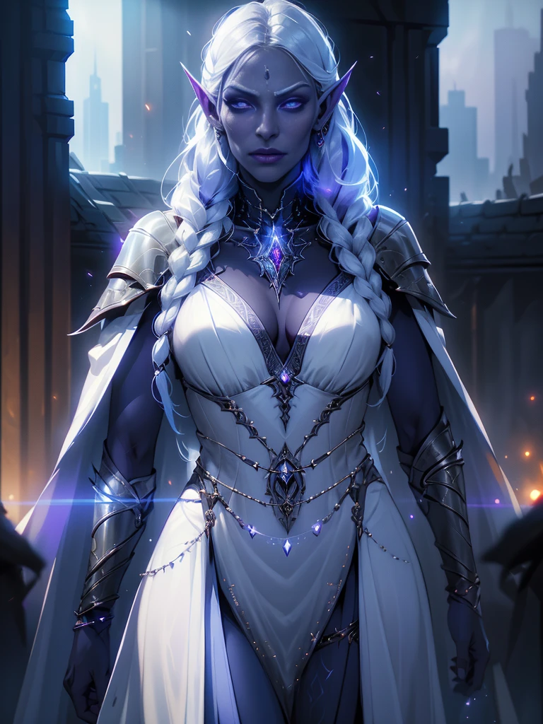 1girl, drow sexy, purple-blue skin, long and elaborate braids of pale silver, ((Eyes red)), jewelries, elf ears, aretes, ((white sorceress sexy dress)), ((manages the team)), ((Cast light magic)), on a roof of skyscrapers, athletic, Volumetric lighting, best quality, master part, Realistic, anatomically correcte, (Strong cinematic lighting), impressive details, details Intricate, 8K post-production, high resolution, super details, trending on ArtStation, sharp focus, depth of field f/1.8, Studio Photos, (((Looking at camera)))