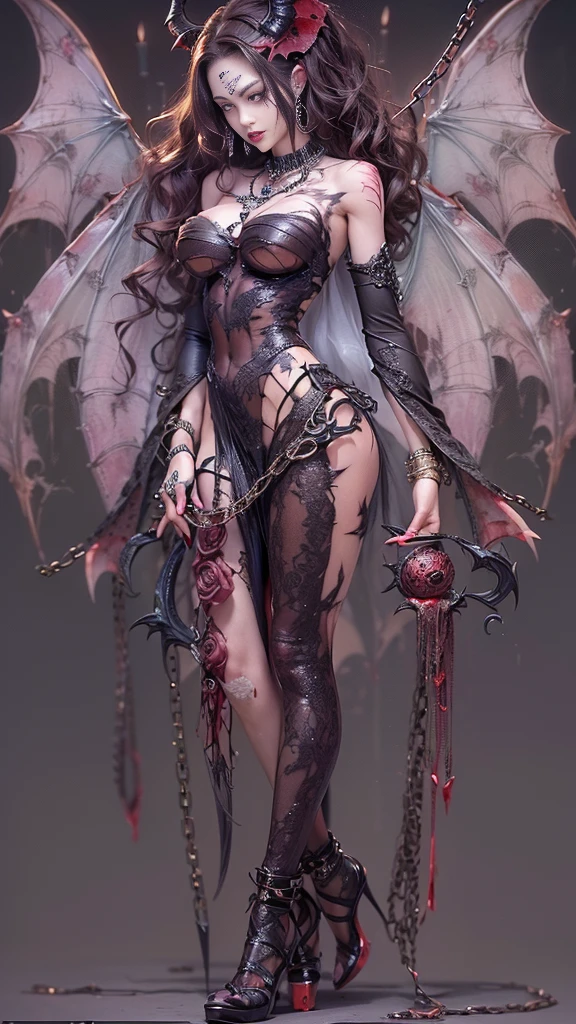 (32K:1.9, Dark fantasy:1.4, Highest quality, masterpiece, Ultra-high resolution), Perfect dynamic composition:1.3, Horror Portrait, chaos, Dark castle interior background:1.3, Prisoner, slave, Dark Demon World, Satanic, (Detailed tattoos on the whole body:1.4, wearing exquisite jewelry:1.4), Very detailedな肌と顔の質感:1.3, Very accurate, Very detailed, (Sexy succubus demon with big wings:1.3, Incredibly slim body:1.3, beautifully、beautiful:1.3), Horn, Fair skin, Sensual posture, Skeletons piled up on the ground, ((Properly dressing badly torn clothing:1.3)), Mid-chest, (Big eyes that exude eroticism:0.4, Feel the intense caress:1.0, Please open your mouth a little, lipstick, Feel the eroticism:0.9, Too sexy:0.9, charm的な:0.9), ((Bloody:1.5, Covered in scars:1.5, Necrosis:1.6, Lots of big chains:1.6, Countless chains tangled in clothes:1.6, Chain your right arm:1.5, Chain the left arm:1.5, The right leg is bound with a shackle and chain:1.5, The left leg is bound with a shackle and chain:1.5)), Super long blonde curly hair, Earrings, necklace, bracelet, romantic, mysterious, elegant, Object of admiration, original, dramatic, artistic, Innovative, charm, Heartful, Fancy, sense of exaltation, Feelings of despair, sense of openness, sense of cleanliness, special, exciting, grotesque, Extreme, Tilt, sense of loss, sorrow, sorrowの表現, ((悪魔のcharm, 女性的なcharm))