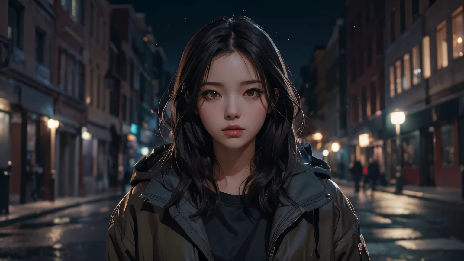 Anime style illustration of a woman wearing a hooded jacket standing on a street at night, City Girl Fan Art, Realistic art style, Realistic art style, Black haired girl wearing a hoodie, Gweiz-style artwork, Charlie Bowater&#39;s art style, 🤤 Portrait of a Girl, Charlie Bowter&#39;s Style, Digital anime illustration, Impressively detailed art style, Detailed portraits