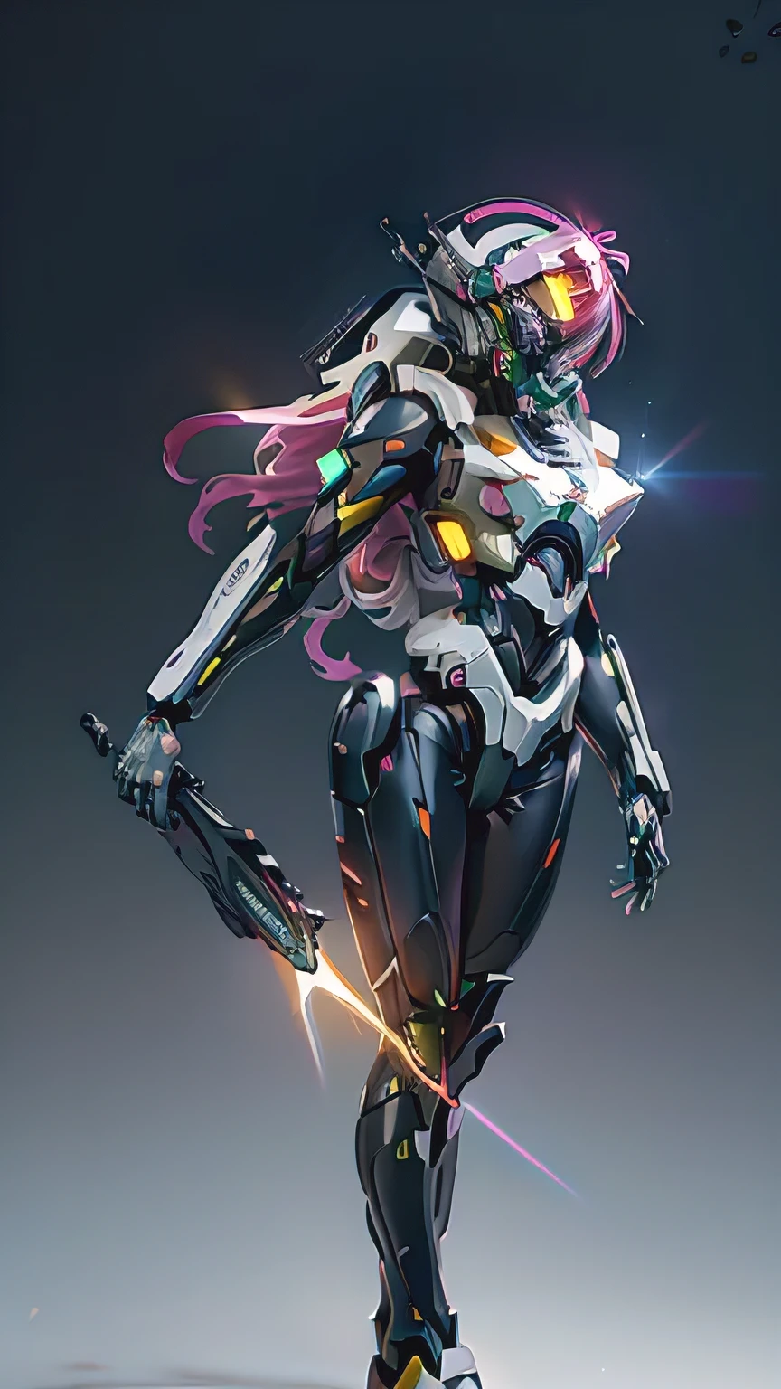 ((8k, Highest Quality, Masterpiece: 1.3)), Eva Unit-05, Pitch black darkness, Staring into camera, facing forward, Full body view, Holding a glowing futuristic blade, ((Shiny Body)), Unit's main color is pastel pink, secondary color is fluorescent yellow, Rainbow light emanates from its back, Android, Stunning scene with dazzling glow from its joints and vibrant rainbow lens flare effects. The light source is placed behind the main subject, creating a spectrum of colors that spreads across the image. The light reflects off various surfaces, adding a magical, dreamy quality to the scene. The background is slightly blurred to accentuate the glow and shimmer effect of the lens flare.
