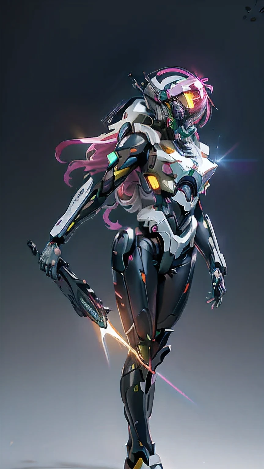 ((8k, Highest Quality, Masterpiece: 1.3)), Eva Unit-05, Pitch black darkness, Staring into camera, facing forward, Full body view, Holding a glowing futuristic blade, ((Shiny Body)), Unit's main color is pastel pink, secondary color is fluorescent yellow, Rainbow light emanates from its back, Android, Stunning scene with dazzling glow from its joints and vibrant rainbow lens flare effects. The light source is placed behind the main subject, creating a spectrum of colors that spreads across the image. The light reflects off various surfaces, adding a magical, dreamy quality to the scene. The background is slightly blurred to accentuate the glow and shimmer effect of the lens flare.