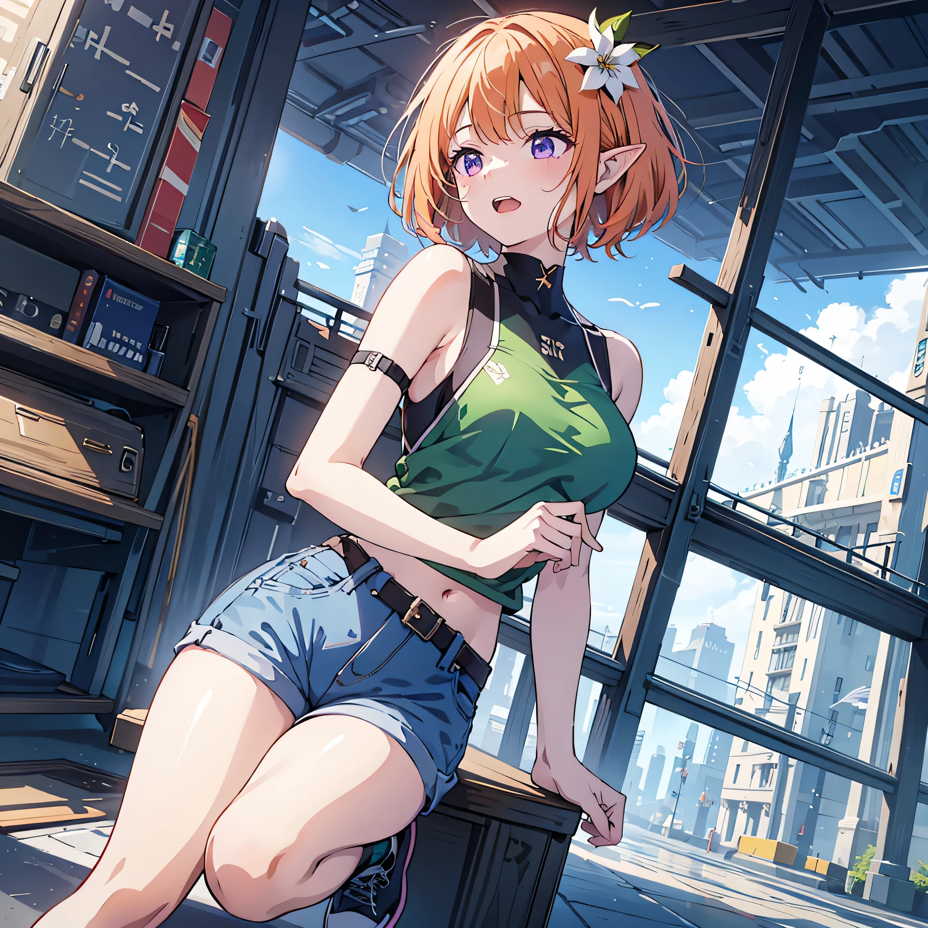 Sunglasses on forehead, Have a swim ring, Beach, Bitch, Elf Ears, Highest quality,Best image quality,Perfect Anatomy,masterpiece,Very detailedな,beautiful,super high quality, Highest quality,High resolution, Very detailed,Game CG,Dutch Angle ,Beautiful attention to detail,Visual Arts,Five Fingers, Perfect hands,Hide your hands, {{{One Girl}}}, Beautiful detailed girls, Game CG, Spring flower, One curl on the outside, Short Bob Hair, Pastel orange hair, Purple eyes,Stylish accessories solo, Breast augmentation, Medium Shot, woman, Take-out, Laughter, Giant thighs ,Green shirt and denim hot pants, Black Knee High, Open your mouth, wonderful, Beautiful attention to detail, Highest quality, Very delicate,Masseter region,Highest quality,(Official Art、Highest quality、unity 8k wallpaper、32K、masterpiece、Very detailedな、超High resolution、Realistic、Realistic:1.2)、(Cinema Lighting:1.2)、The most grainy shadows on the film、Side light、Side Shot、(Highly detailed and complex 3D rendering)、Atelier Series,
