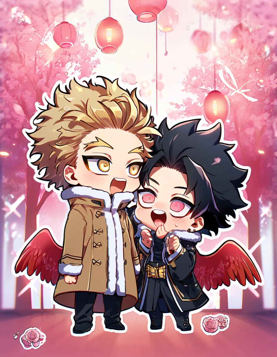 absurd resolution, high resolution, ultra detailed, detailed eyes, delicated features, extremely detailed, HDR, 8K, Hawks chibi, ash-blonde hair, expressive golden eyes, Boku No Hero Academia, Megumi chibi, black hair, messy hair, expressive red eyes, two boys together, yaoi, gay couple, cute, brown coat with fur, black coat, red wings, fantasy, cool, magical, pink glittering butterflies, pink dust flying around, pink flowers, pink petals, pink lanterns, pink blossoms
