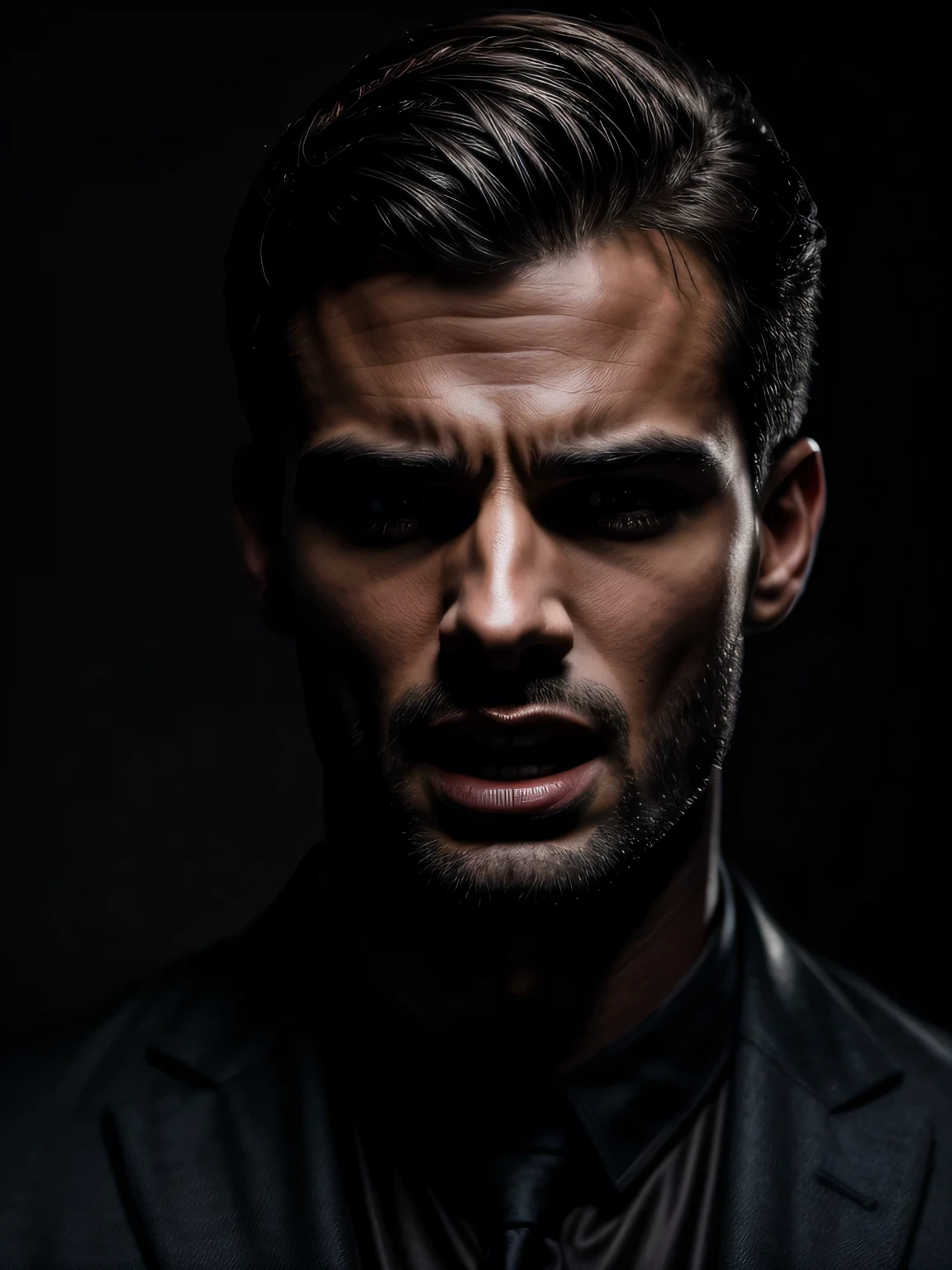 Portrait of handsome man, screaming with pleasure with hands on head, 30s, round face, cinematic appearance, dark background, detailed.
