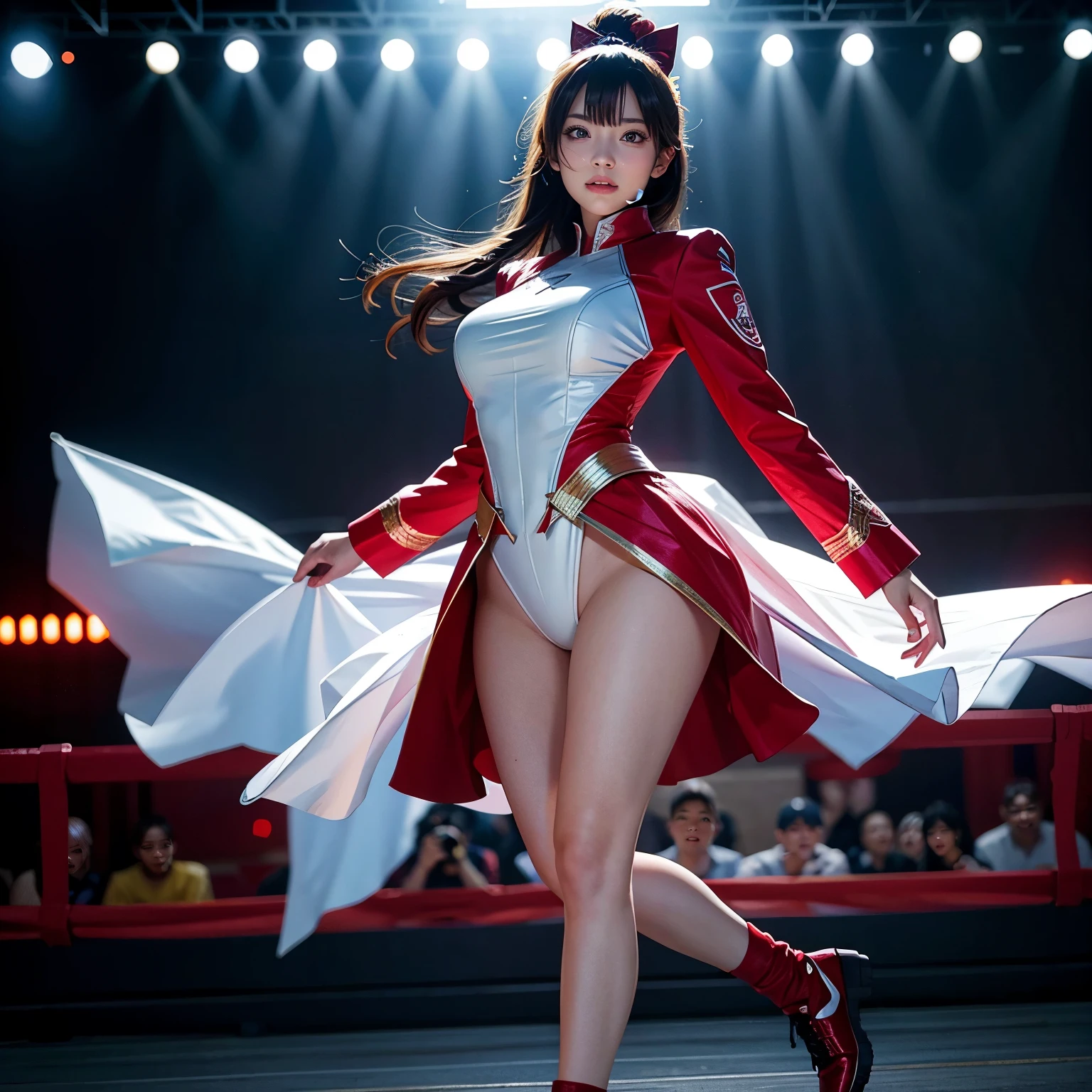 (ExtremelyDetailed((Risa Yukihira))) clearly visible the shape of Butt, Radiant PearlSkin with Transparency, (Round Girl) in sexy costume at BoxingEvent, Detailed Clothing texture, Full of (HUGE Audience) . (Full body shot:1.2),Ultra-detailed,grand scale,epic,zoomed out,wide angle. ZoomLayer, (ExtremelyDetailed Beautiful face with Focused) Dynamic Joyful Expressions LifeLike Rendering. (Exposed:0.52) PerfectLighting (TopQuality 8K(masterpiece(ProfessionalPhoto:1.37)))