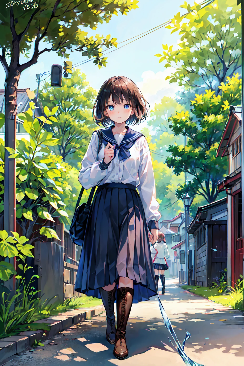 (Highest quality、16K、masterpiece、Ultra-high resolution、Impressionism、Photorealistic:1.2)、Cowboy Shot、Sharp focus、Detail of face and eyes walking along a tree-lined street々Group of, March, during butn, in butn, Golden butn, Golden Leaf, butn season, trending photo, March, but, beautiful画像, beautiful美学, butn, butn season, beautiful日, in butn, !!beautiful!!)、Sharp pupils、Realistic student、beautiful顔、 beautiful girl、Glowing Skin、Very short hair、beautiful dark brown hair、Blunt bangs、Dark blue eyes、Cam Check、Black Stockings、Knee-high boots、have、(Hold down the skirt、Roll up your skirt:1.4)、(We need to hurry、Watery eye、Embarrassed look:1.2)、