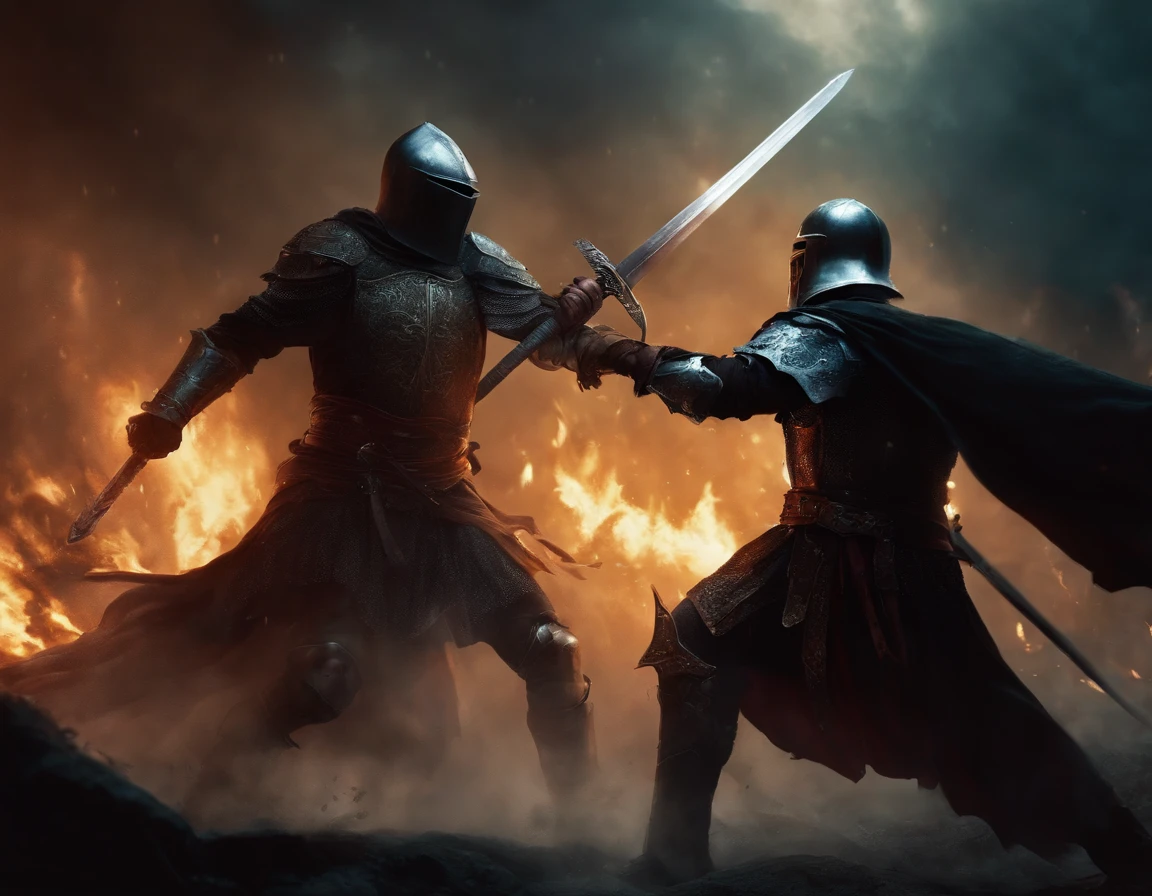 A fight with crusader knight with a cursed sword against a monster of darkness