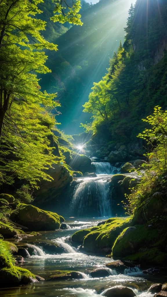 A fantastic mountain stream and a curtain of light. The sunlight shines into the lush mountain stream.、A mysterious sight of a curtain of light reflected on the water surface。
