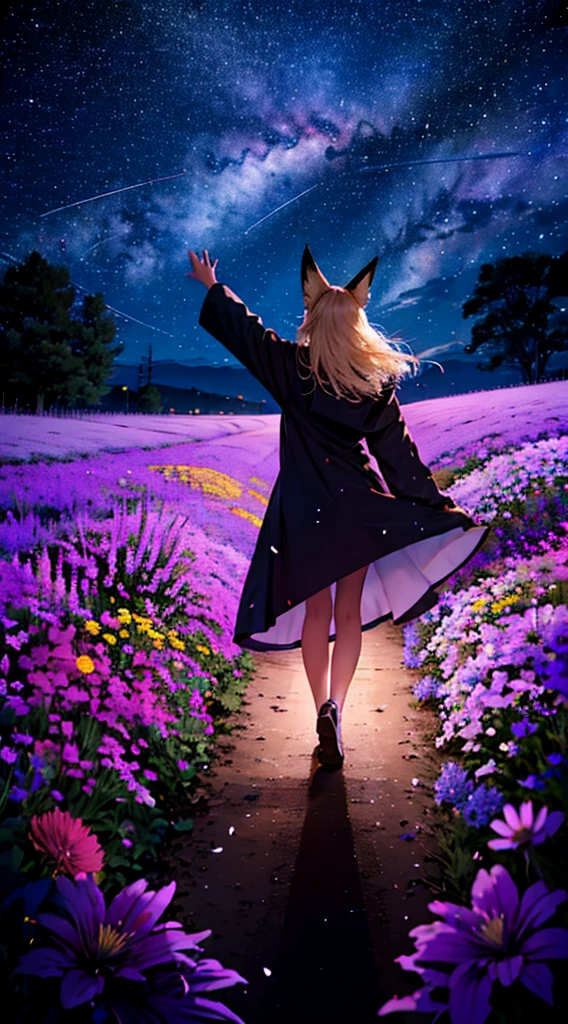 1people々々々々々々々々,Woman with medium length blonde hair,Fox Ears,Long coat,Takageta, Dress Silhouette, Rear View,Space Sky, Flower Field,Colorful flowers,Dancing Petals,