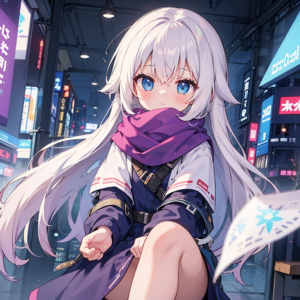 1girl,(masterpiece, Highest quality), (Detailed Hair), Very detailed, Anime Style, whole body, alone, Cyberpunk psychic girl, Big cute head scarf, whole body covered in rags, Wanderer's Outfit, Gray Hair、Red eyes, Floating in the air, Small stature, Supernatural Aura, Prism Hypnosis Aura. Beautiful and terrifying, Digital Painting, 8K high resolution, Trend Art Station, White Background, whole body, ((Psychic energy ball in hand))