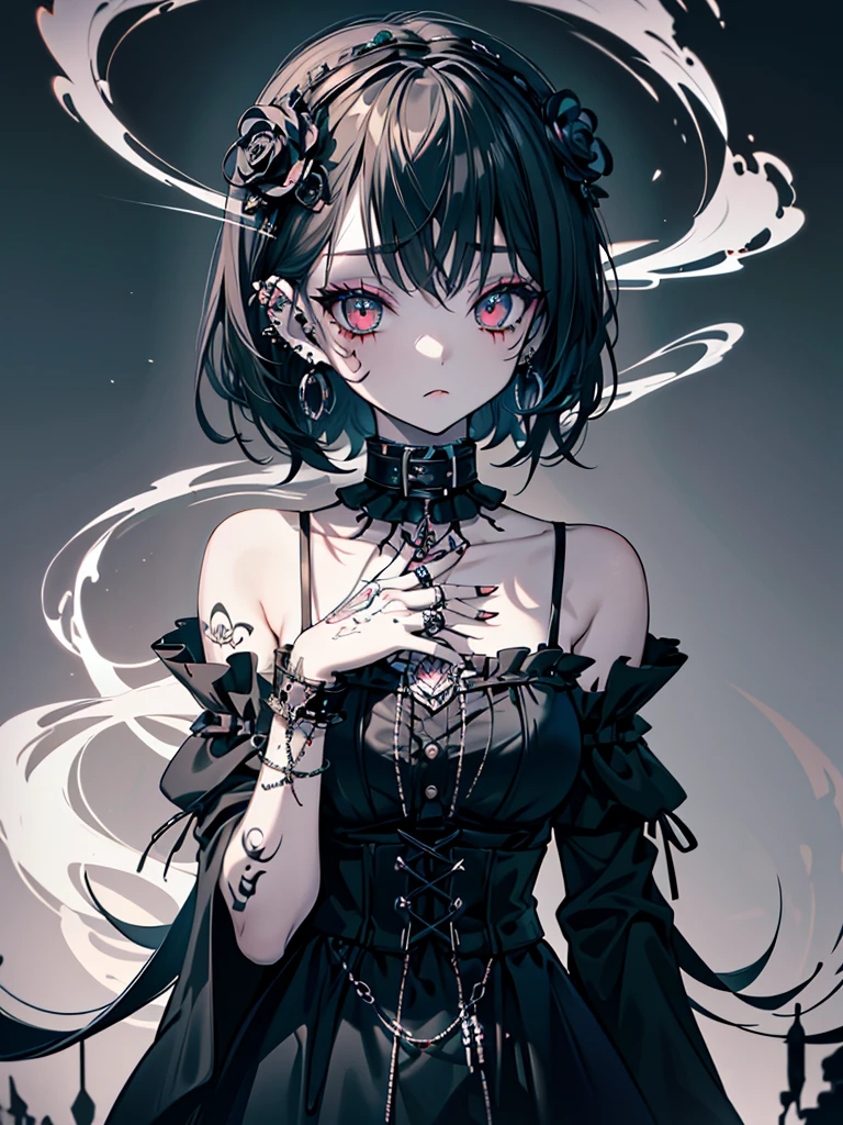 Gothic Lolita, cigarettes, smoke, tattoos on upper arms, ear piercings, makeup, mental health issues, bare shoulders