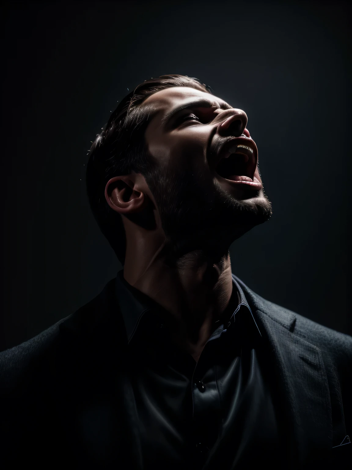 Portrait of handsome man, screaming with pleasure with hands on head looking up, 30s, round face, cinematic appearance, dark background, detailed.