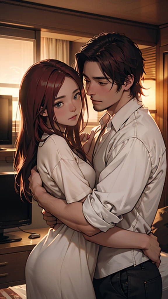 A loving couple cuddles in a cozy living room on a summer night, bathed in the soft glow of the television. The woman's flowing red hair cascades over the man's shoulder as they share a tender moment. This intimate scene is depicted in a breathtaking painting, showcasing intricate brushstrokes and vibrant colors that bring the couple to life. The artist captures the warmth and closeness between the pair with exquisite detail, evoking a sense of comfort and connection that is truly captivating.