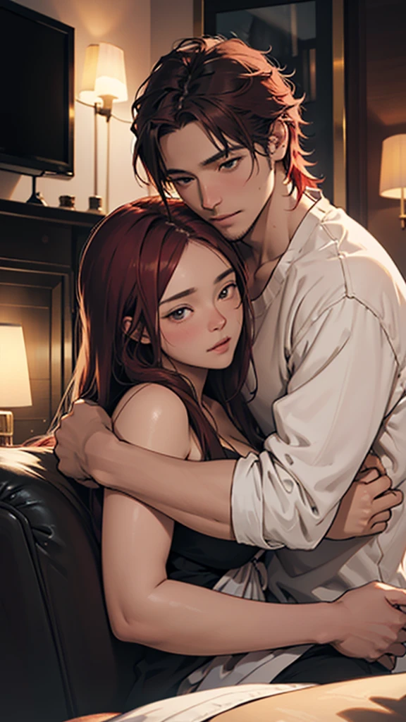 A loving couple cuddles in a cozy living room on a summer night, bathed in the soft glow of the television. The woman's flowing red hair cascades over the man's shoulder as they share a tender moment. This intimate scene is depicted in a breathtaking painting, showcasing intricate brushstrokes and vibrant colors that bring the couple to life. The artist captures the warmth and closeness between the pair with exquisite detail, evoking a sense of comfort and connection that is truly captivating.